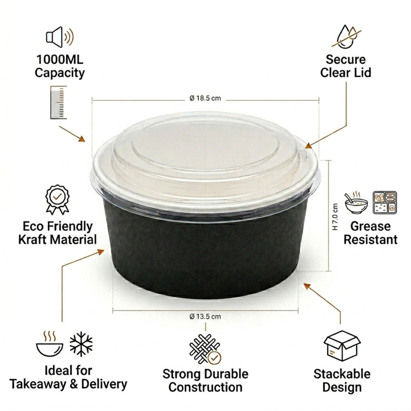 500ML Black Round Kraft Deli Bowls X300pcs