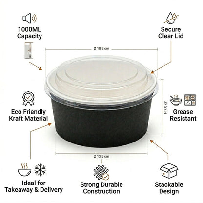 500ML Black Round Kraft Deli Bowls X300pcs