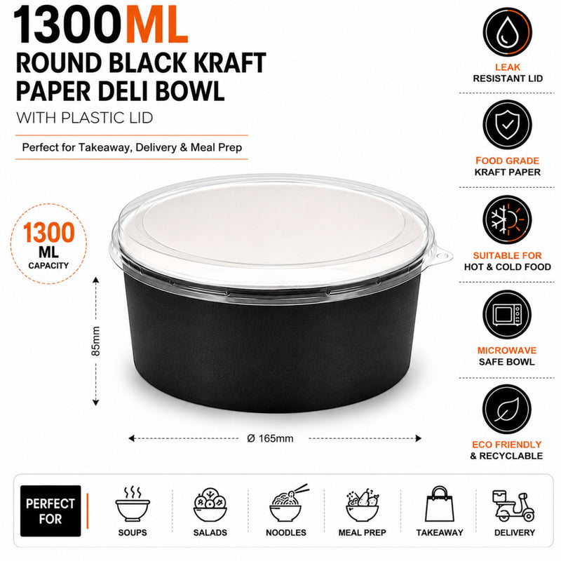 500ML Black Round Kraft Deli Bowls X300pcs