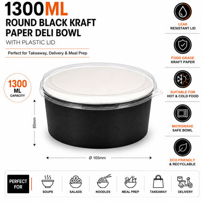 500ML Black Round Kraft Deli Bowls X300pcs