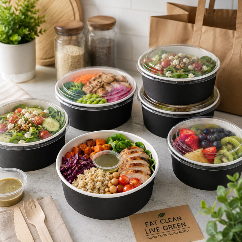 500ML Black Round Kraft Deli Bowls X300pcs