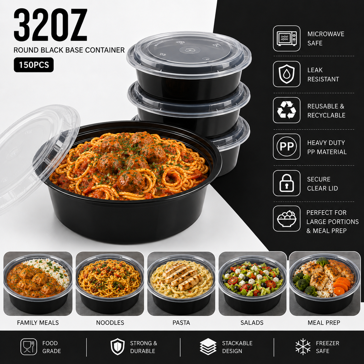 32Oz Black Base Round With Lids X 150Pcs