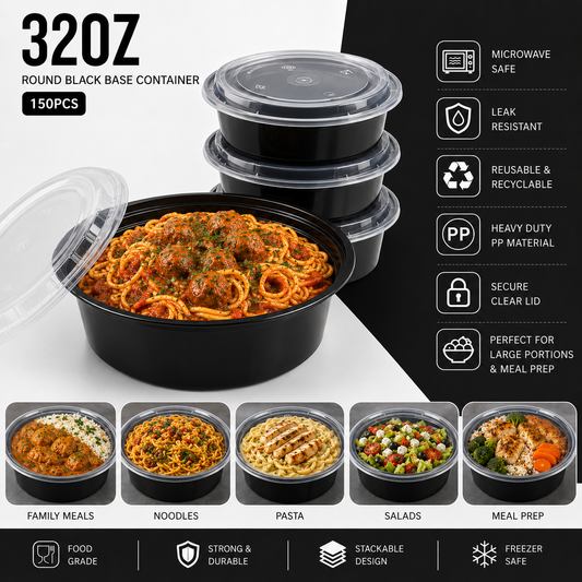 32Oz Black Base Round With Lids X 150Pcs