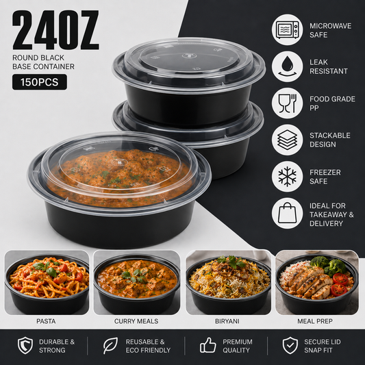 24Oz Black Base Round With Lids X 150Pcs