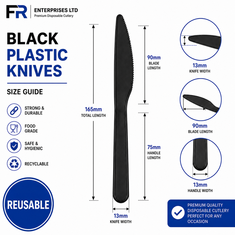 Black Reusable Plastic Knives 20X50 X1000Pcs