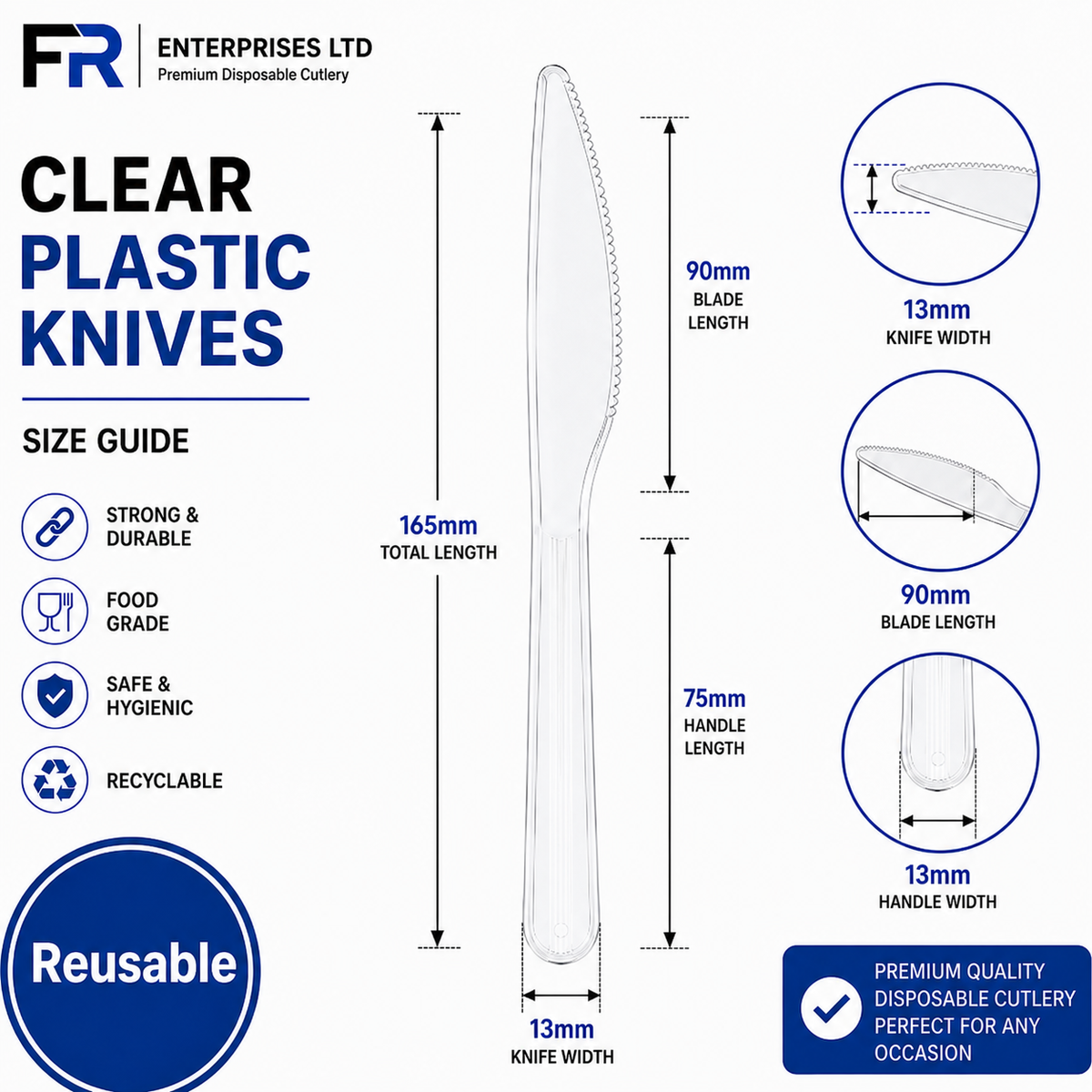 Clear Reusable Plastic Knives 20X50 X1000Pcs