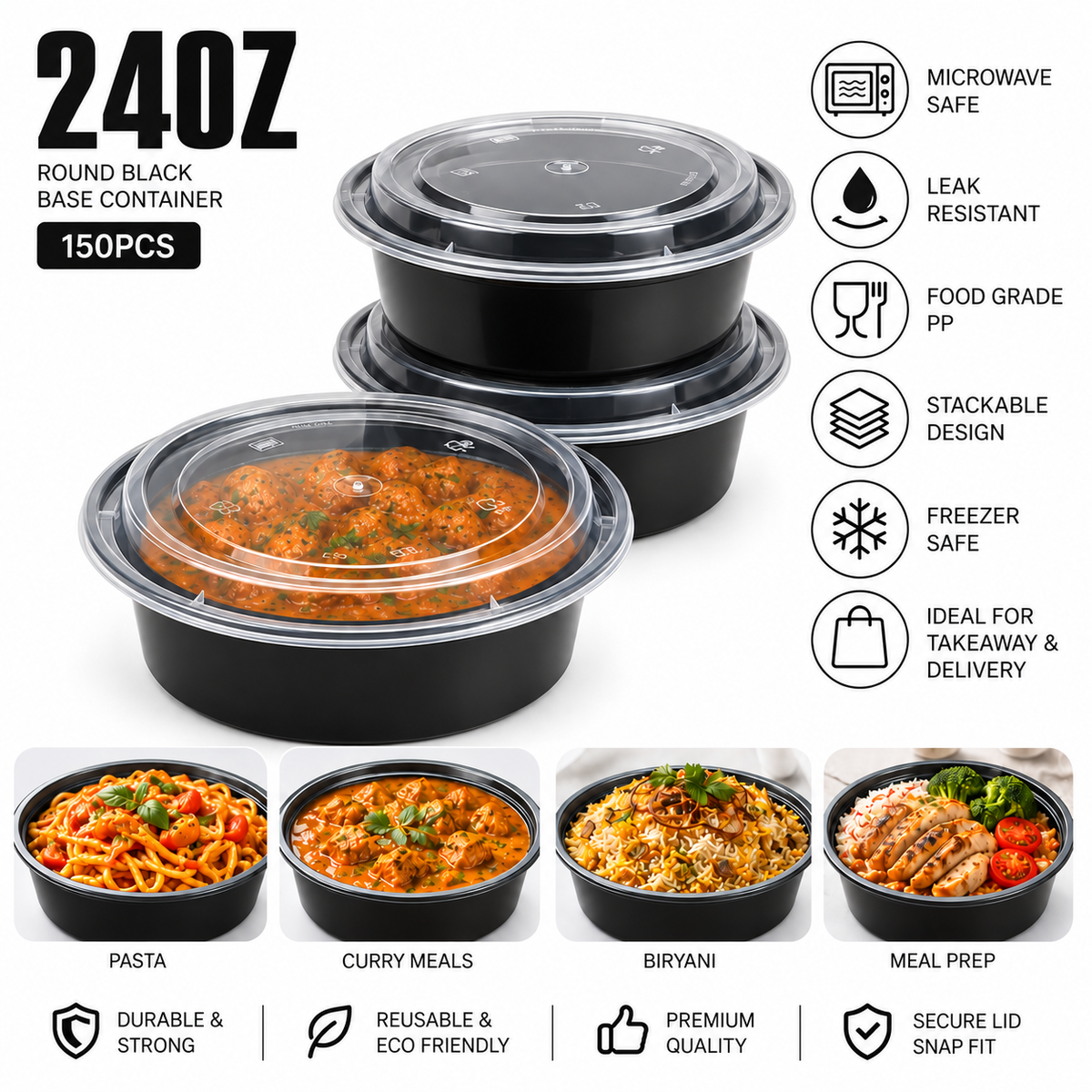 Ro-24 Round Black Base Containers 24Oz x150Pcs