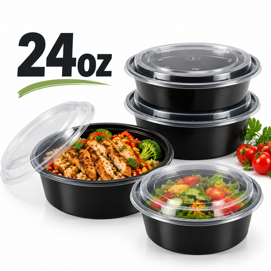 24Oz Black Base Round With Lids X 150Pcs
