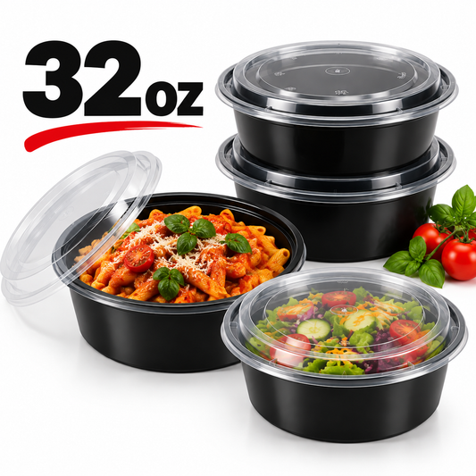 32Oz Black Base Round With Lids X 150Pcs