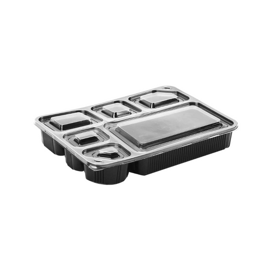 6 Compartment Rectangular Black Base Container X 150Pcs